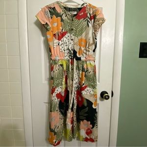 loft multicolored floral button up dress with pockets and tie